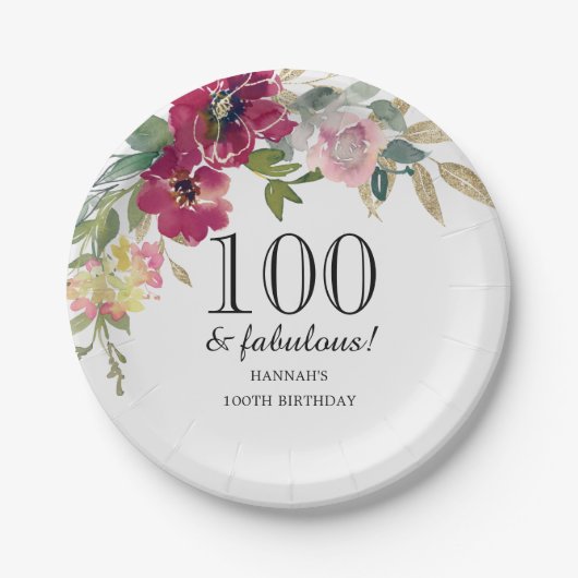 Assiettes En Carton Bourgogne rose florale 100e anniversaire (Devant)