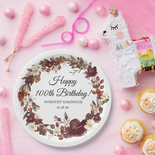 Assiettes En Carton Bourgogne Rouge Mauve automne fleurs 100e annivers (Fête)