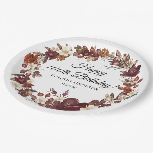 Assiettes En Carton Bourgogne Rouge Mauve automne fleurs 100e annivers (Angle)