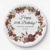 Assiettes En Carton Bourgogne rouge mauve automne fleurs 80e anniversa (Devant)
