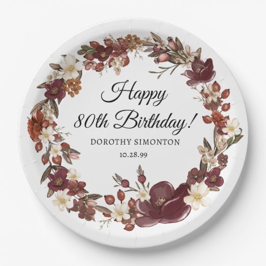 Assiettes En Carton Bourgogne rouge mauve automne fleurs 80e anniversa (Devant)