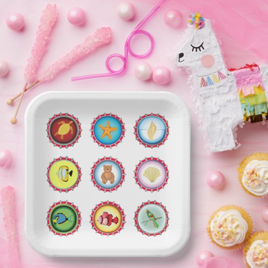 Assiettes En Carton Bouteille Tropicale Casquettes Design Océan et Fau (Fête)