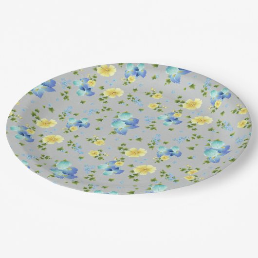 Assiettes En Carton Boutons jaunes et plaque en papier bleu Iris (Angle)