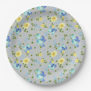 Assiettes En Carton Boutons jaunes et plaque en papier bleu Iris