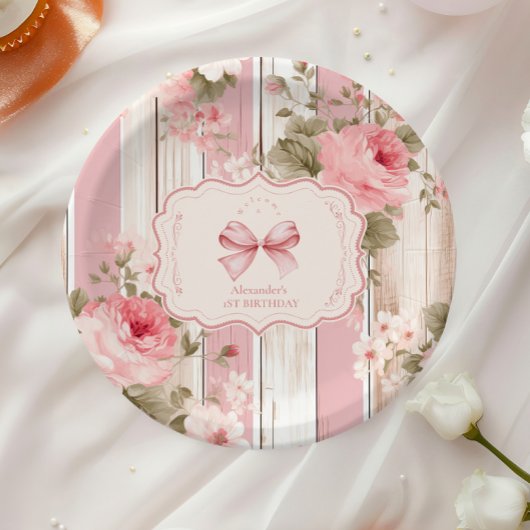 Assiettes En Carton Bow rose Floral Fancy ONE Girl 1er anniversaire