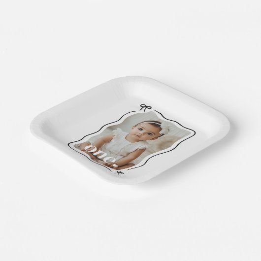 Assiettes En Carton Bow Wavy Border Photo 1er anniversaire (Angulaire)