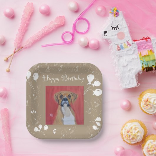 Assiettes En Carton Boxer Chien Heureux Plaques de papier d'anniversai (Fête)