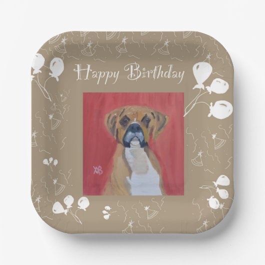 Assiettes En Carton Boxer Chien Heureux Plaques de papier d'anniversai (Recto)
