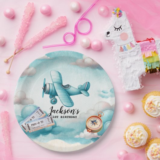 Assiettes En Carton Boy Cute Blue Avion Voyage Anniversaire de enfant (Fête)