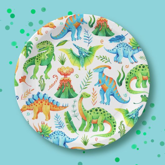 Assiettes En Carton Boy Dino Party T rex, Stegosaurus, Tricératops