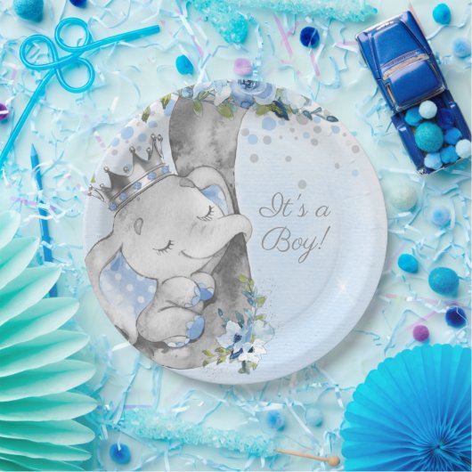 Assiettes En Carton Boy Elephant Prince Baby shower Plaque papier (Fête)