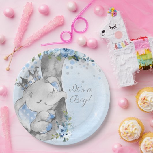 Assiettes En Carton Boy Elephant Prince Baby shower Plaque papier (Fête)