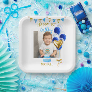 Assiettes En Carton Boy First Birthday Photo Blue Gold Balloon Cute