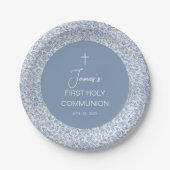 Assiettes En Carton Boy First Communion Blue and White Floral Pattern (Devant)