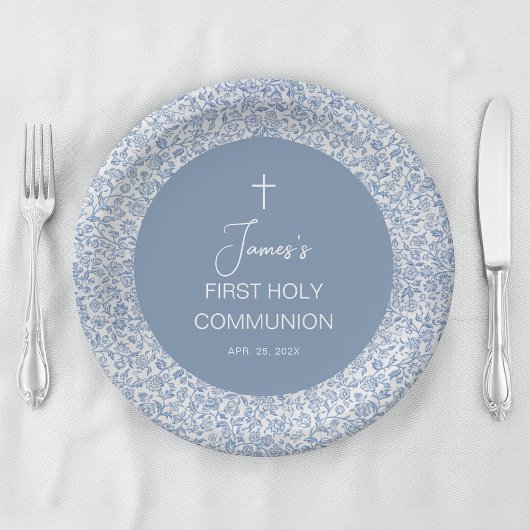 Assiettes En Carton Boy First Communion Blue and White Floral Pattern