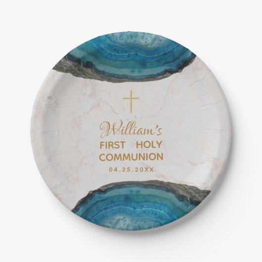 Assiettes En Carton Boy First Communion Blue Geode Marble Gold Cross (Devant)
