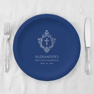 Assiettes En Carton Boy First Communion Royal Blue Vintage Crest Cross