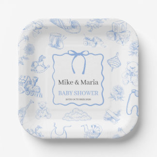 Assiettes En Carton Boy Toile De Jouy Blue Baby Shower