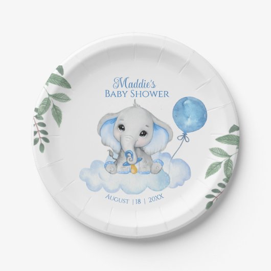Assiettes En Carton Boys Aquarelle Elephant Baby shower Plaque en papi (Devant)
