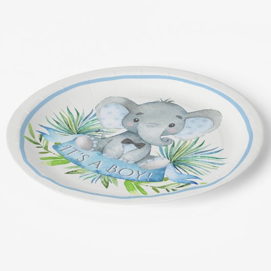 Assiettes En Carton Boys Elephant Baby shower Plaques de papier (Angle)