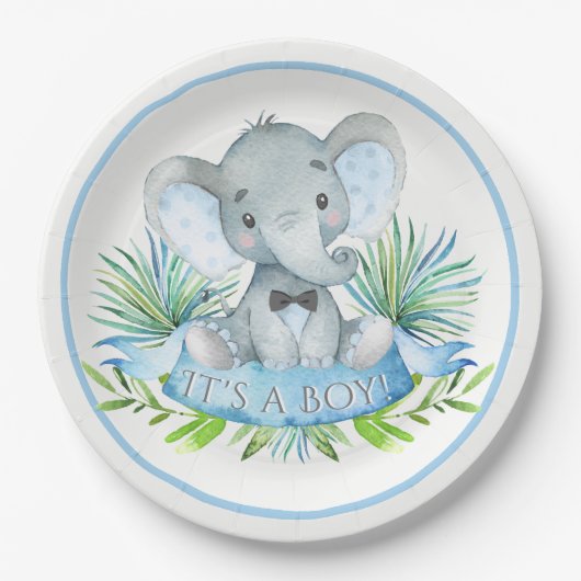 Assiettes En Carton Boys Elephant Baby shower Plaques de papier (Devant)