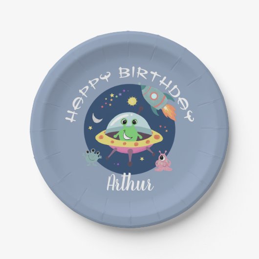 Assiettes En Carton Boys mignon bleu Espace Alien Galaxy Anniversaire (Devant)