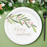 Assiettes En Carton Branch Berries on White Christmas<br><div class="desc">Paper plates in 2 sizes feature elegant greenery and berries with your message in chic lettering in any color (we show gold) and on any color background (we show white.) MATCHING items in our store.</div>