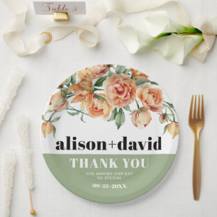 Assiettes En Carton Branche avec rose pêche fleurs mariage fleuri