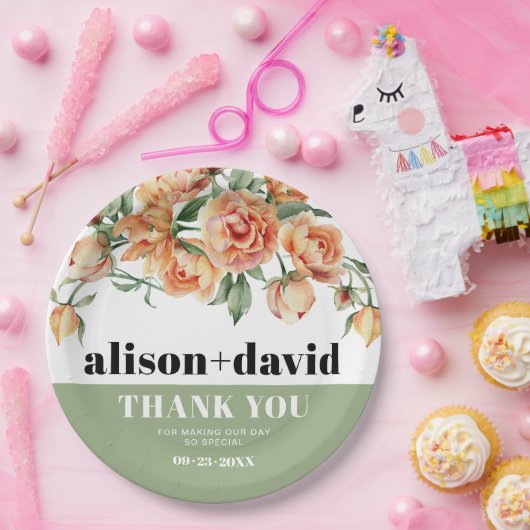 Assiettes En Carton Branche avec rose pêche fleurs mariage fleuri (Fête)