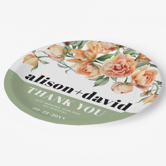 Assiettes En Carton Branche avec rose pêche fleurs mariage fleuri (Angle)