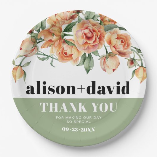 Assiettes En Carton Branche avec rose pêche fleurs mariage fleuri (Devant)