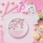 Assiettes En Carton Branche d'arbre en fleurs de cerisier rose avec no (Fête)