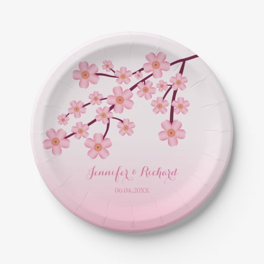 Assiettes En Carton Branche d'arbre en fleurs de cerisier rose avec no (Devant)