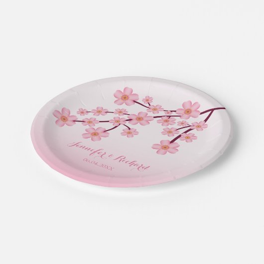Assiettes En Carton Branche d'arbre en fleurs de cerisier rose avec no (Angle)