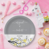 Assiettes En Carton Branche grise avec fleurs jaunes, initiales mariag (Fête)