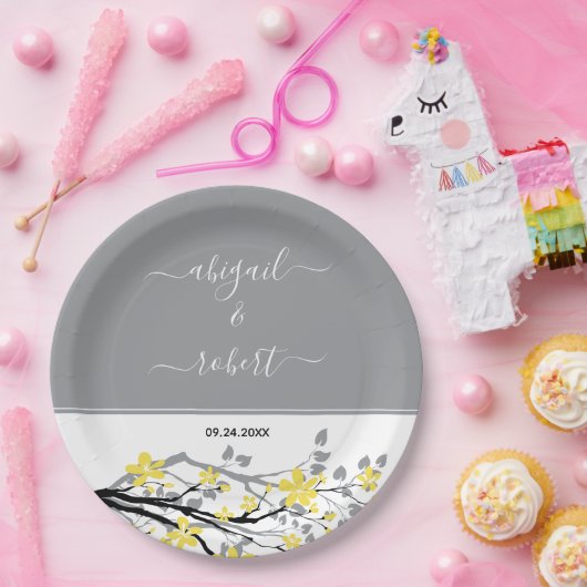 Assiettes En Carton Branche grise avec fleurs jaunes, initiales mariag (Fête)