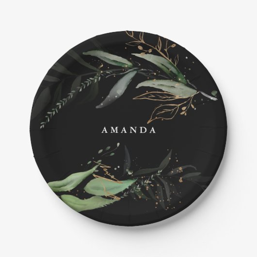 Assiettes En Carton Branche Moderne Eucalyptus Botanique Feuillu Noir (Devant)