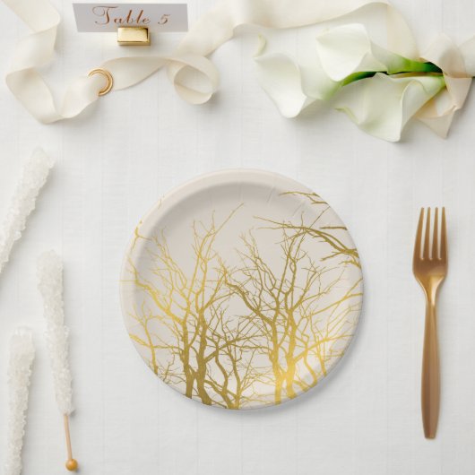 Assiettes En Carton Branches d'arbre dorées sur fond beige  (Mariage)