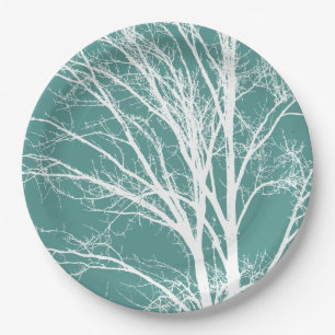 Assiettes En Carton Branches d'arbre Turquoise vert blanc nu