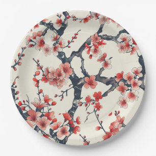 Assiettes En Carton Branches de fleurs de cerisier corail sur fond ivo