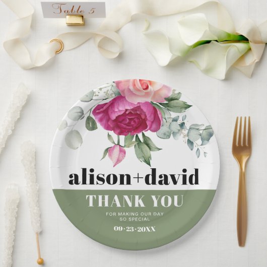 Assiettes En Carton Branches d'Eucalyptus avec roses roses rose mariag (Mariage)