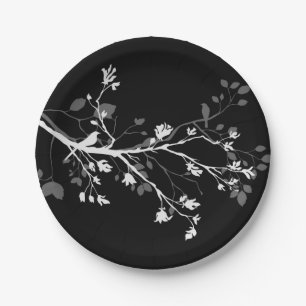 Assiettes En Carton Branches d'oiseaux noirs gris blanc