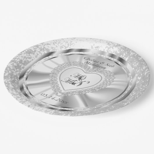 Assiettes En Carton Bride & Groom Satin et Mariage argenté (Angle)