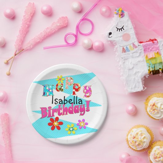 Assiettes En Carton Bright blue blanc rose enfants amusant fleurs dess (Fête)