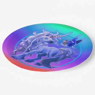 Assiettes En Carton Bright Pastel Rainbow Blue Unicorn