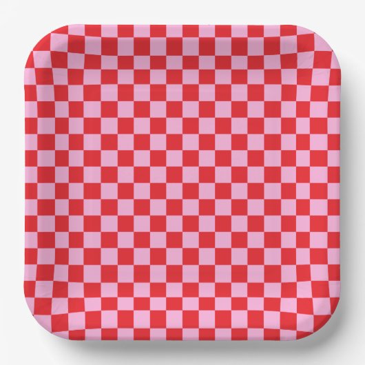 Assiettes En Carton Bright Red and Light Pink Checkered (Recto)