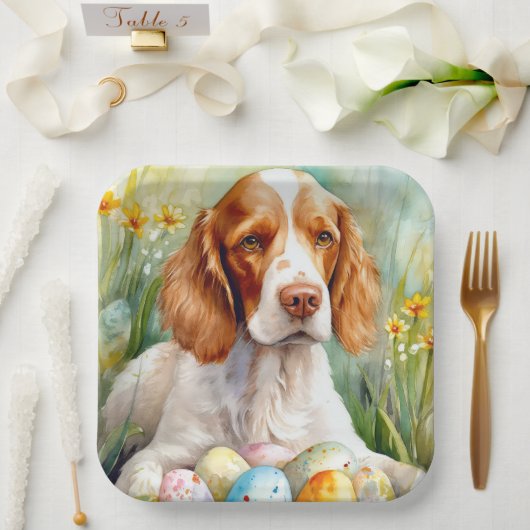 Assiettes En Carton Brittany Spaniel Chien avec Oeufs de Pâques Vacanc (Mariage)