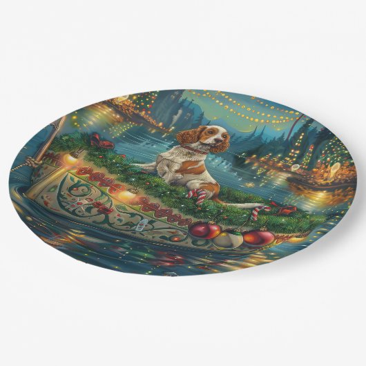 Assiettes En Carton Brittany Spaniel Noël Festive Voyage (Angle)