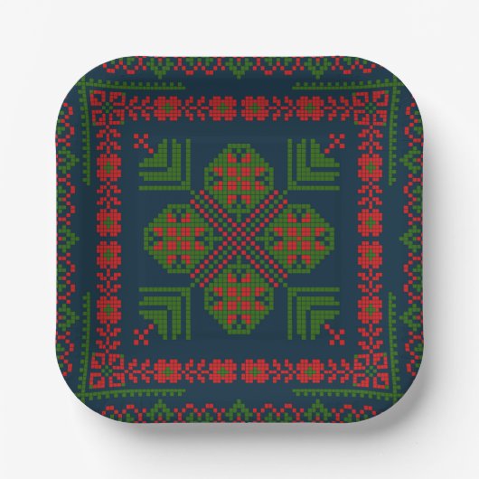 Assiettes En Carton Broderie palestinienne Tatreez rouge vert 5 Motif (Recto)