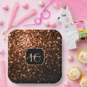 Assiettes En Carton Bronze orange brun cuivre faux étincelles Sweet 16